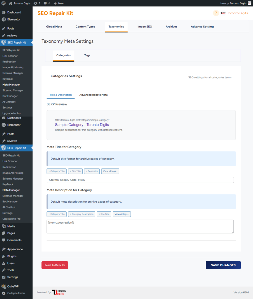 Meta manager Taxonomies