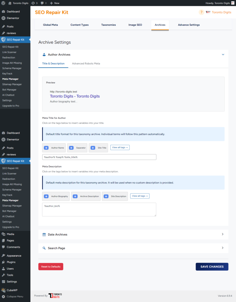 Meta manager Archives tab